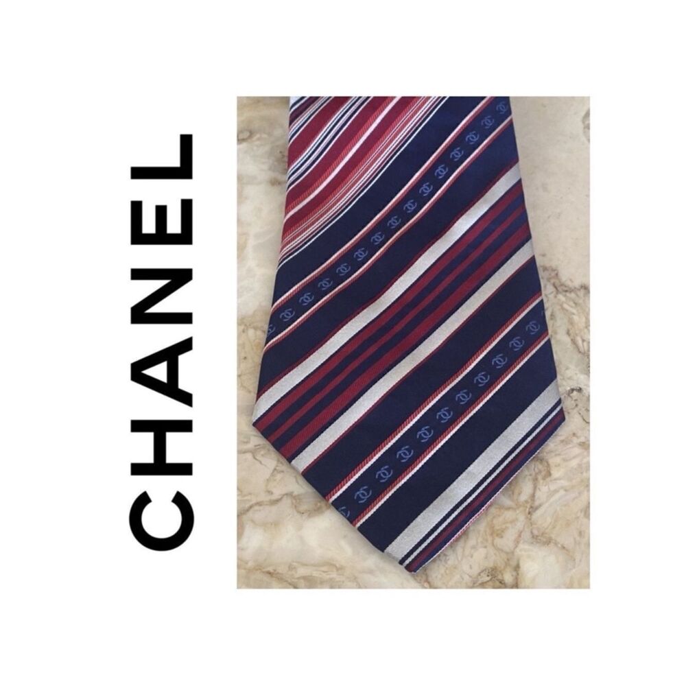 Chanel CC Logo Striped 100% Silk Tie